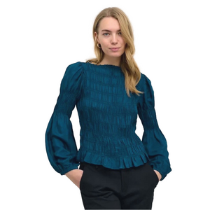 Cream teal smocked blouse